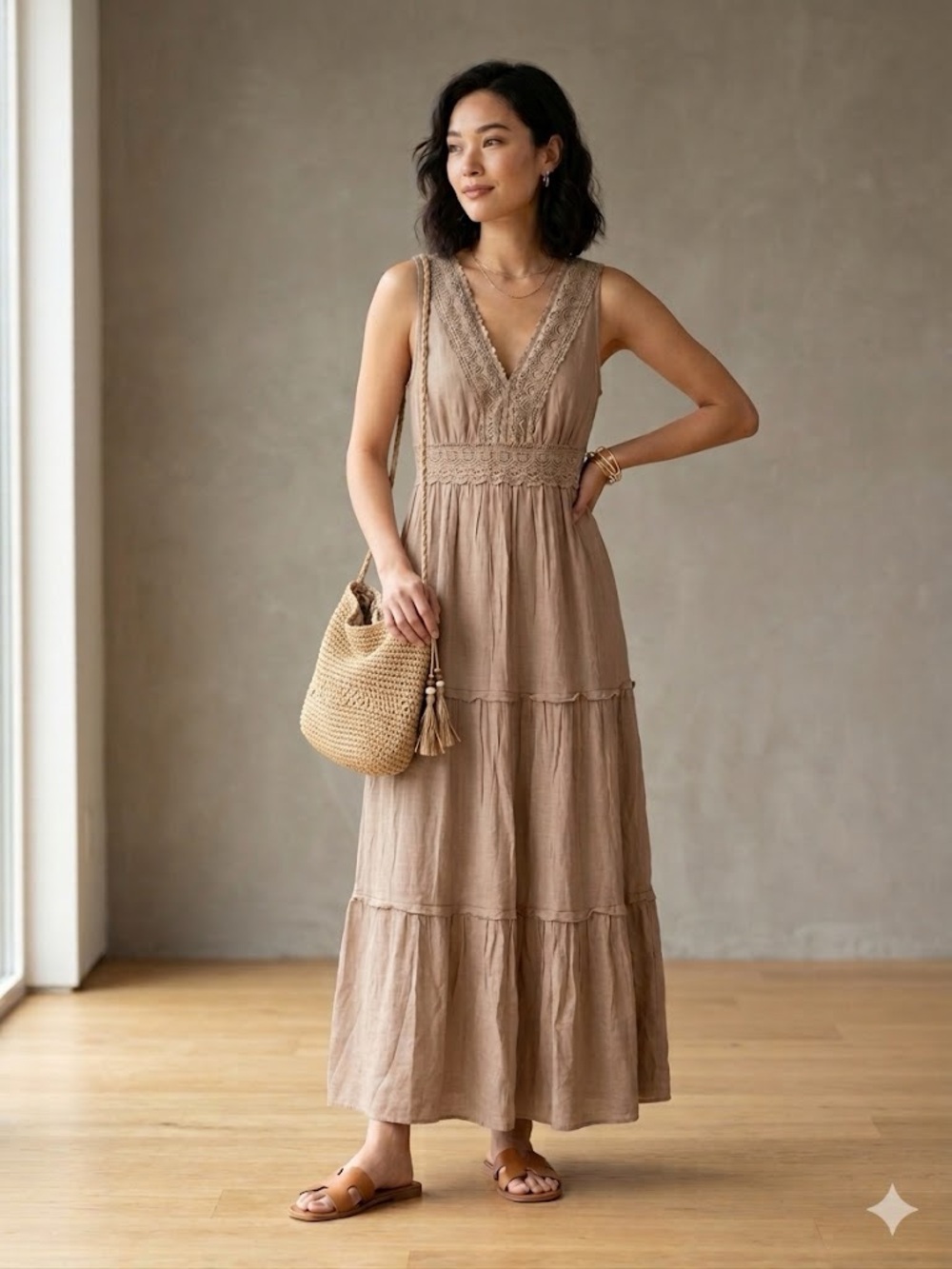 Rebellion Cottagecore Boho Taupe Crochet Lace-Trim Tiered Maxi Dress US M ✨NWT - Picture 1 of 16
